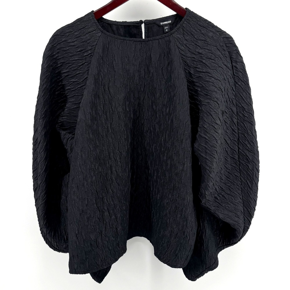 Express Blouse Women L Black Textured Balloon Sleeve Jacquard Top Whimisgoth Top